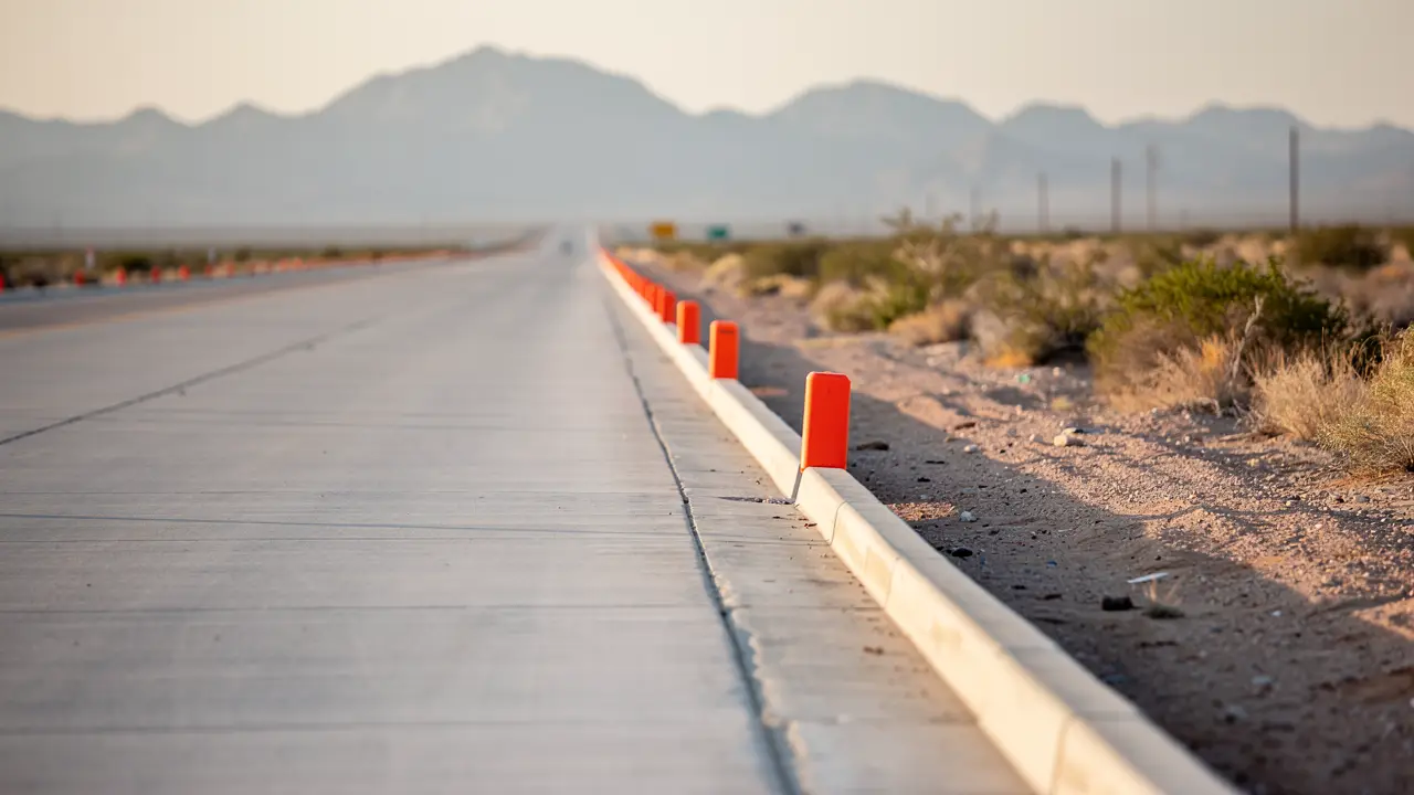 A new concrete roadway lane and curb and gutter running toward bare desert mountains outside El Paso, with a line of orange delineators along the shoulder.