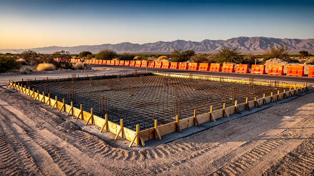 A large formed square concrete pad on a desert site, rebar mat tied across it, timber edge forms around the perimeter and orange barriers along the road beyond.
