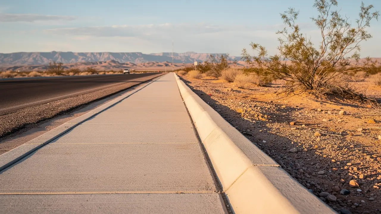 A finished concrete sidewalk with new curb and gutter running beside a desert road toward distant bare mountains.