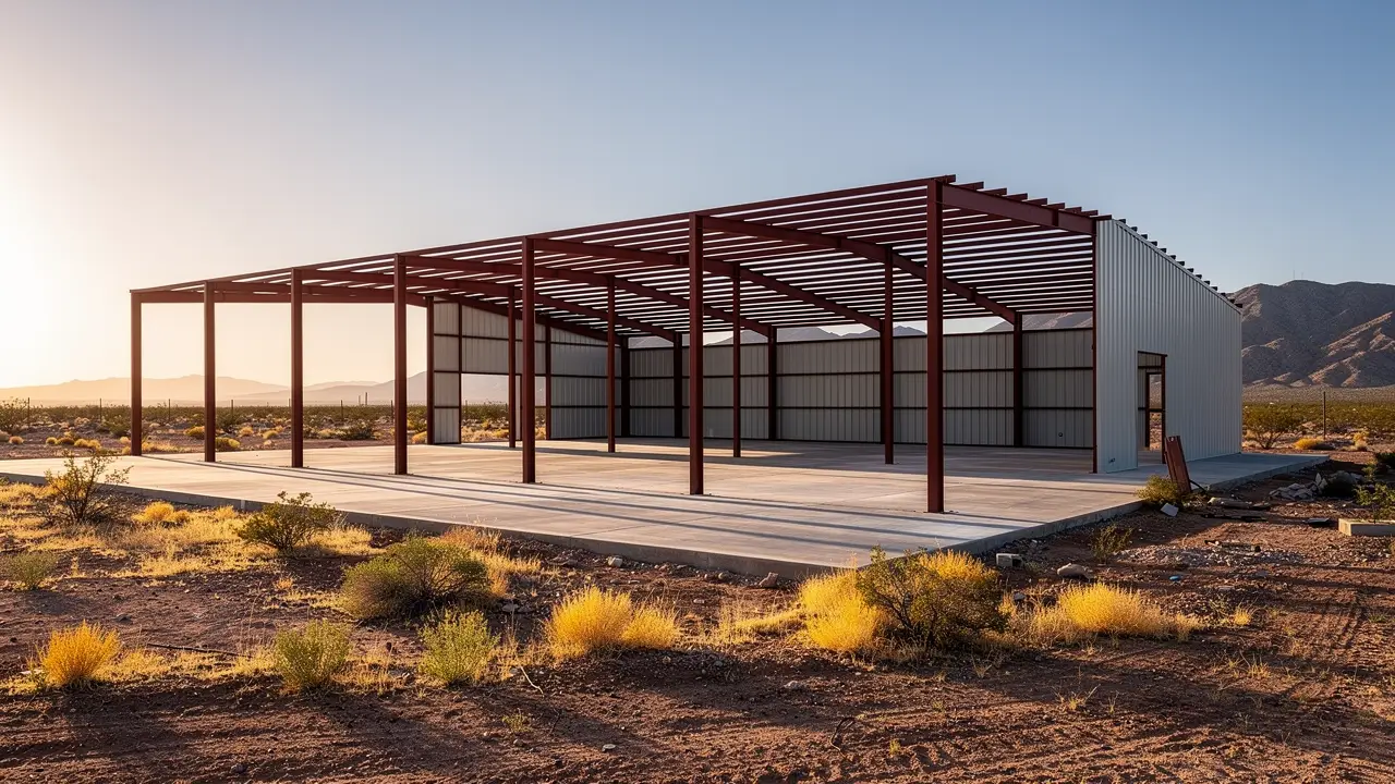 A steel portal frame part way through erection on a fresh concrete slab on a flat desert lot, with wall sheeting fixed to one end.